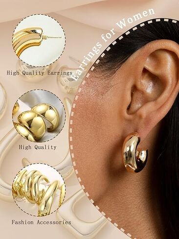 10 Pairs Hypoallergenic Chunky Gold Dangle Earrings Women Fashion Thick Gold Plated Hoop Earrings Set Lightweight Jewelry in Saudi Arabia