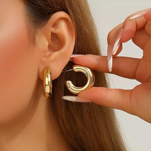 10 Pairs Hypoallergenic Chunky Gold Dangle Earrings Women Fashion Thick Gold Plated Hoop Earrings Set Lightweight Jewelry in Saudi Arabia