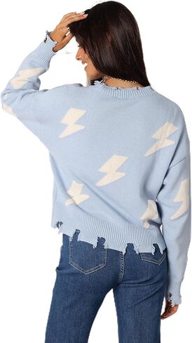 Petal & Pup Womens Lightning Bolt Printed Fray Detail Knit Sweater in Saudi Arabia