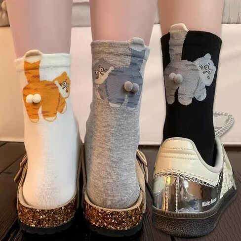 3pairs Cartoon Cute Cat Balls Socks Black,white and Grey Color Middle Tube Socks Women Men Daily Wear Hosiery in Saudi Arabia