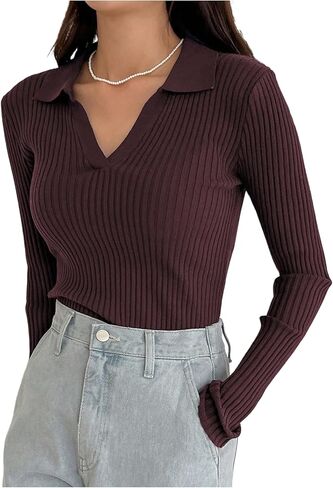 Floerns Women's Casual Long Sleeve Sweater Notched V Neck Knitted Pullover Tops in Saudi Arabia