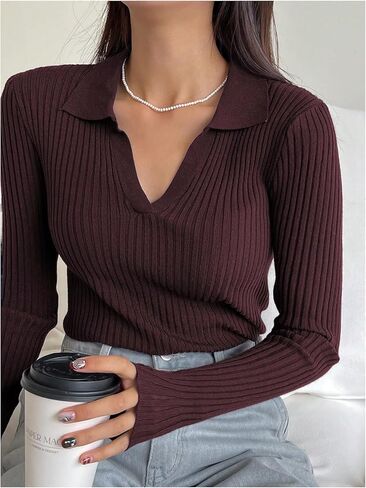 Floerns Women's Casual Long Sleeve Sweater Notched V Neck Knitted Pullover Tops in Saudi Arabia