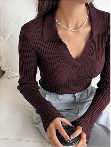 Floerns Women's Casual Long Sleeve Sweater Notched V Neck Knitted Pullover Tops in Saudi Arabia