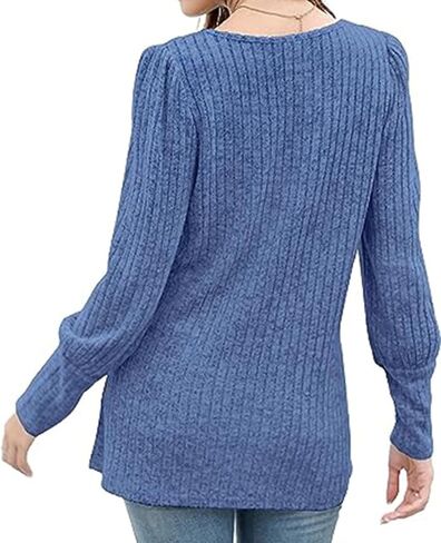 MYCOLORBLUE قمصان الخريف النسائية الناعمة برقبة مربعة وأكمام طويلة وفانوس وأزرار ديكو وأزرار جانبية وقميص تونيك in Kuwait