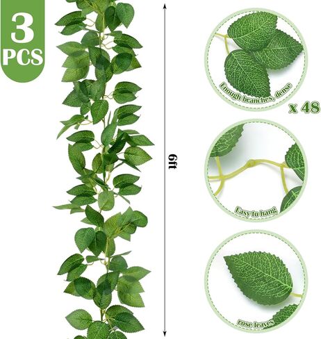 Giegxin 3 Pcs 6ft Green Artificial Silk Rose Leaf Table Garland, Hanging Greenery Vine Fake Greenery Hanging Plants Leaf Garland Decoration for Home Bedroom Wall Party Wedding Decor in Saudi Arabia