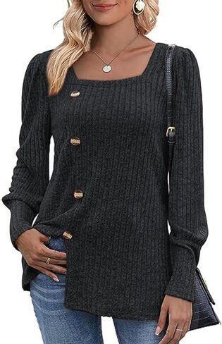 MYCOLORBLUE قمصان الخريف النسائية الناعمة برقبة مربعة وأكمام طويلة وفانوس وأزرار ديكو وأزرار جانبية وقميص تونيك in Kuwait