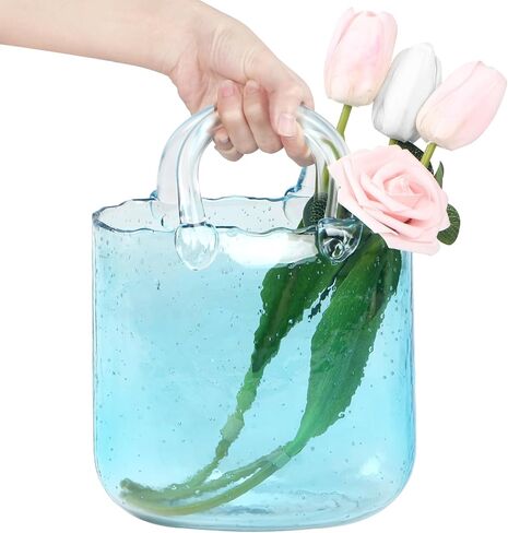 Unique Pink Purse Vase for Flowers,11'' Handmade Thicken Bubbled Glass Bag Vases with Gradient Color for Home Decors .Great Clear Purse Flower Vase for Centerpiece,Floral Arrangement,Wedding Decors. in Saudi Arabia