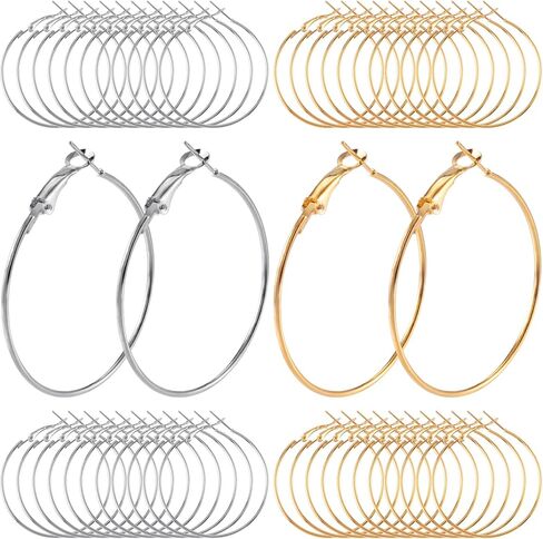 48pcs Hoop Earrings Findings, Hypoallergenic Round Earring Loop, Open Beading Earrings Accessories Jewelry Making DIY Crafts 30mm- Silver & Gold in Kuwait