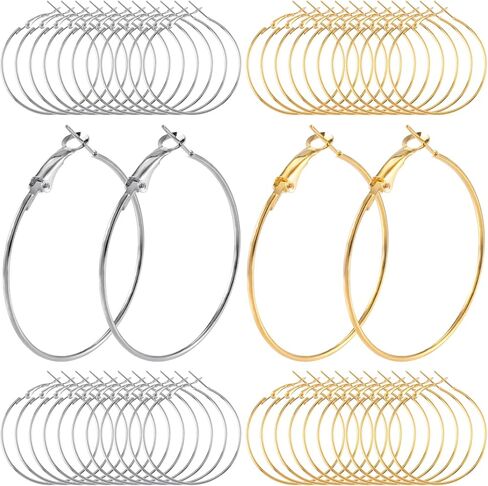 48pcs Hoop Earrings Findings, Hypoallergenic Round Earring Loop, Open Beading Earrings Accessories Jewelry Making DIY Crafts 30mm- Silver & Gold in Saudi Arabia