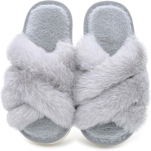 Women's Fuzzy Slippers Open Toe Plush House Shoes Soft Indoor Cozy Slide Sandals with Faux Fur Comfortable Warm Home Slides in Saudi Arabia
