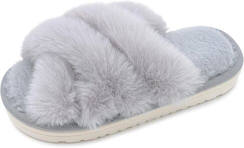 Women's Fuzzy Slippers Open Toe Plush House Shoes Soft Indoor Cozy Slide Sandals with Faux Fur Comfortable Warm Home Slides in Saudi Arabia