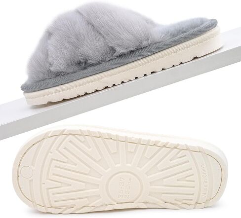 Women's Fuzzy Slippers Open Toe Plush House Shoes Soft Indoor Cozy Slide Sandals with Faux Fur Comfortable Warm Home Slides in Saudi Arabia