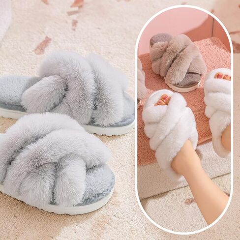 Women's Fuzzy Slippers Open Toe Plush House Shoes Soft Indoor Cozy Slide Sandals with Faux Fur Comfortable Warm Home Slides in Saudi Arabia