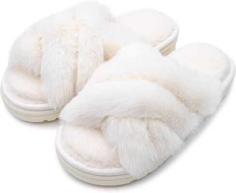 Women's Fuzzy Slippers Open Toe Plush House Shoes Soft Indoor Cozy Slide Sandals with Faux Fur Comfortable Warm Home Slides in Saudi Arabia