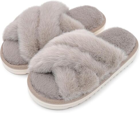 Women's Fuzzy Slippers Open Toe Plush House Shoes Soft Indoor Cozy Slide Sandals with Faux Fur Comfortable Warm Home Slides in Saudi Arabia