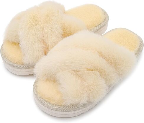 Women's Fuzzy Slippers Open Toe Plush House Shoes Soft Indoor Cozy Slide Sandals with Faux Fur Comfortable Warm Home Slides in Saudi Arabia