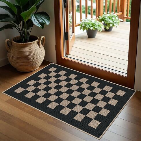 GKQOOKQ Easy Jute 2x3 Black Checkered Area Rug,Washable Entryway Rug,Small Modern Diamond Door Carpet,Neutral Non-Slip Outdoor Indoor Farmhouse Rug for Kitchen Patio Entry Porch in Saudi Arabia