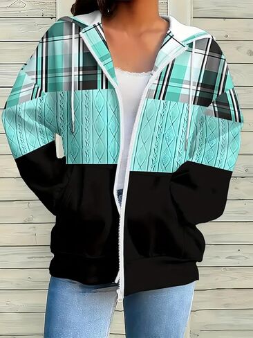 Women's Plus Size Plaid-Knit Color Block Hoodie, Zip-Up Loose Fit Sweatshirt in Saudi Arabia