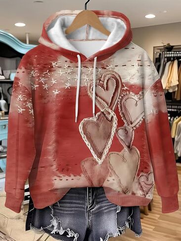 Pullover Hoodies for Women Cute Heart Print No Three-Dimensional Beads Long Sleeve Tops Fall Winter Sweatshirts Trendy in Saudi Arabia