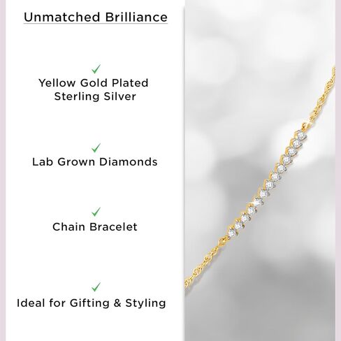 Jewelili Yellow Gold over Sterling Silver Lab Grown Diamond Chain Bracelet for Women | 1/10 CTTW | 7.25" | Timeless Jewelry Gift for Her | Gift Box Included in Saudi Arabia