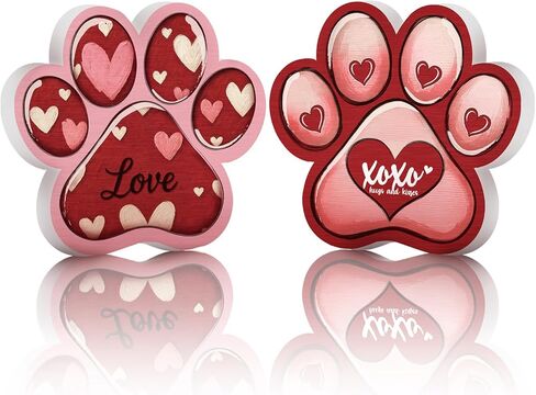Memorywuu 2 Pcs Valentines Day Table Decorations for Pet Lovers Dog Paw Print Wooden Sign Valentines Love Heart Table Centerpieces for Anniversary Wedding Holiday Gifts Home Shelf Decor in Saudi Arabia