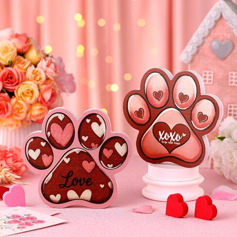 Memorywuu 2 Pcs Valentines Day Table Decorations for Pet Lovers Dog Paw Print Wooden Sign Valentines Love Heart Table Centerpieces for Anniversary Wedding Holiday Gifts Home Shelf Decor in Saudi Arabia