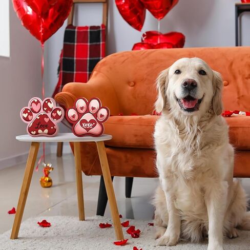 Memorywuu 2 Pcs Valentines Day Table Decorations for Pet Lovers Dog Paw Print Wooden Sign Valentines Love Heart Table Centerpieces for Anniversary Wedding Holiday Gifts Home Shelf Decor in Saudi Arabia