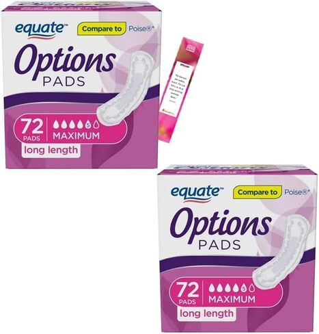 وسادات سلس البول للنساء من Equate Options، أقصى قدرة على الامتصاص، طويلة الطول (144 قطعة) مع إشارة مرجعية من IncrediShop (عبوتان من 72 قطعة) in Kuwait
