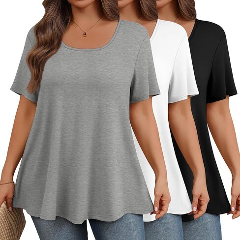 Evervibe 3 Pack Plus Size Tops for Women Casual U Neck A Line Top Short Sleeve Loose Fit Flowy Shirts Tunic Blouses XL-5XL in Saudi Arabia