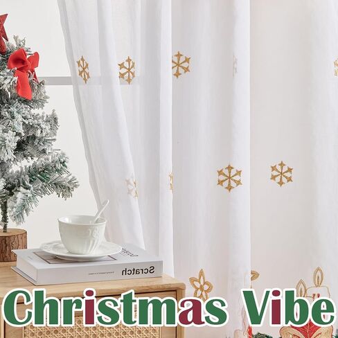 White Christmas Snowflake Sheer Curtains for Living Room 84 Inches Long Gold Snowflake Embroidered Christmas Curtains White Holiday Winter Window Drapes for Bedroom Xmas Decor Rod Pocket 2 Panels Set in Saudi Arabia
