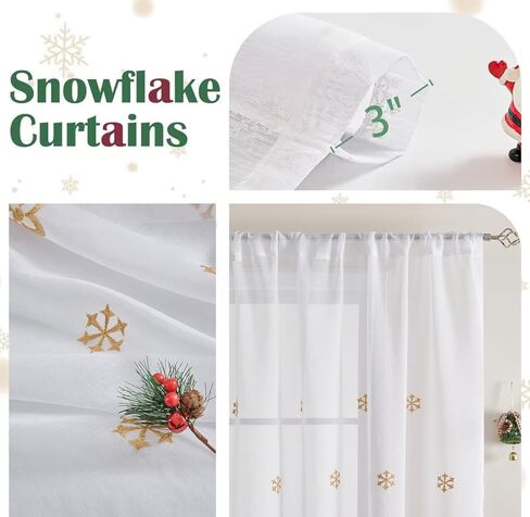 White Christmas Snowflake Sheer Curtains for Living Room 84 Inches Long Gold Snowflake Embroidered Christmas Curtains White Holiday Winter Window Drapes for Bedroom Xmas Decor Rod Pocket 2 Panels Set in Saudi Arabia
