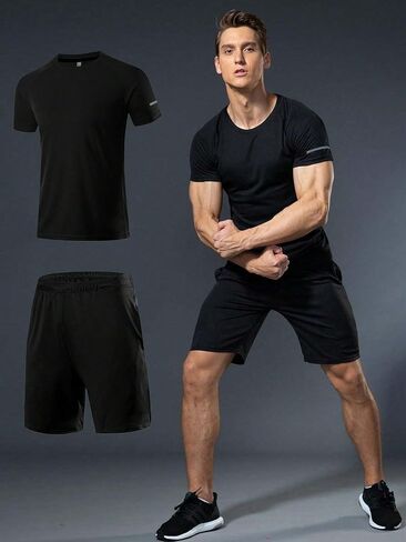 Men Active Quick Dry Crew Neck T Shirts and Shorts Set Athletic Running Gym Workout Short in Saudi Arabia