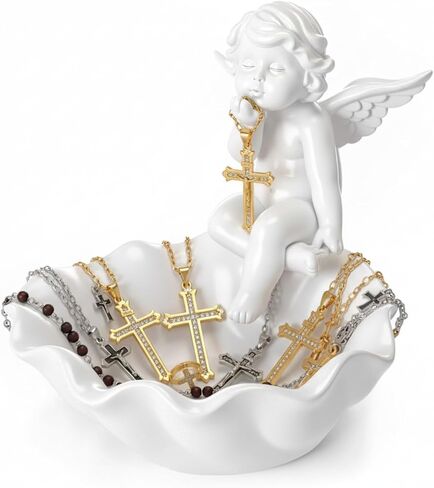 Qinyoung Vintage Catholic Rosary Holder Valentines Christian Gifts for Women Cherub Angel Statue Holy Water Container 5.1" H Jewelry Necklace Ring Holder Religious Home Bedroom Renaissance Decor in Saudi Arabia