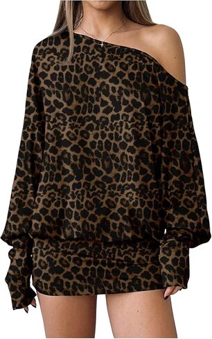 Floerns Women's Cheetah Print Off The Shoulder Mini Dress Long Sleeve Going Out Dresses in Kuwait