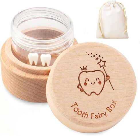 Wooden Tooth Fairy Tooth Holder with Clear Container and Storage Pouch, First Tooth Holder Keepsake for Kids, Lost Tooth Case to Put Under Pillow in Saudi Arabia