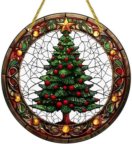 Colorful Acrylic Suncatcher, Christmas Tree Stained Glass 7-inch Hanging Window Wall Art Decor with Printed Stained Glass Style Design, Gift Idea & Garden Ornament Indoor Outdoor Use in Saudi Arabia