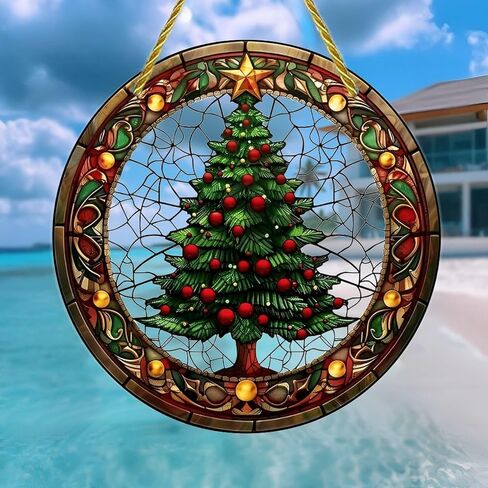 Colorful Acrylic Suncatcher, Christmas Tree Stained Glass 7-inch Hanging Window Wall Art Decor with Printed Stained Glass Style Design, Gift Idea & Garden Ornament Indoor Outdoor Use in Saudi Arabia