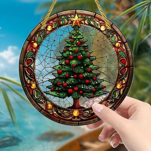 Colorful Acrylic Suncatcher, Christmas Tree Stained Glass 7-inch Hanging Window Wall Art Decor with Printed Stained Glass Style Design, Gift Idea & Garden Ornament Indoor Outdoor Use in Saudi Arabia