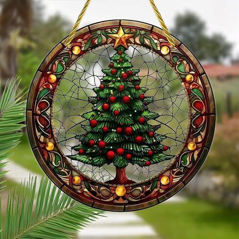 Colorful Acrylic Suncatcher, Christmas Tree Stained Glass 7-inch Hanging Window Wall Art Decor with Printed Stained Glass Style Design, Gift Idea & Garden Ornament Indoor Outdoor Use in Saudi Arabia
