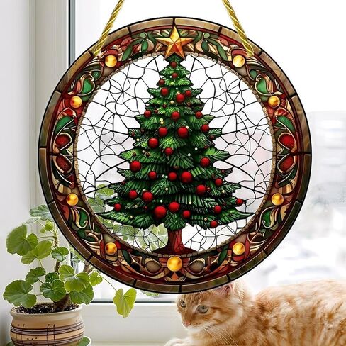 Colorful Acrylic Suncatcher, Christmas Tree Stained Glass 7-inch Hanging Window Wall Art Decor with Printed Stained Glass Style Design, Gift Idea & Garden Ornament Indoor Outdoor Use in Saudi Arabia