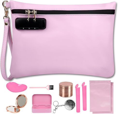 HUONIC PU Leather Cosmetic Bag with 8 PCS Accessories, Medium Size Handy Makeup Pouch with Combination Lock, Travel Money Bag for Women, Great Gifts Ideal (Light Pink) in Saudi Arabia
