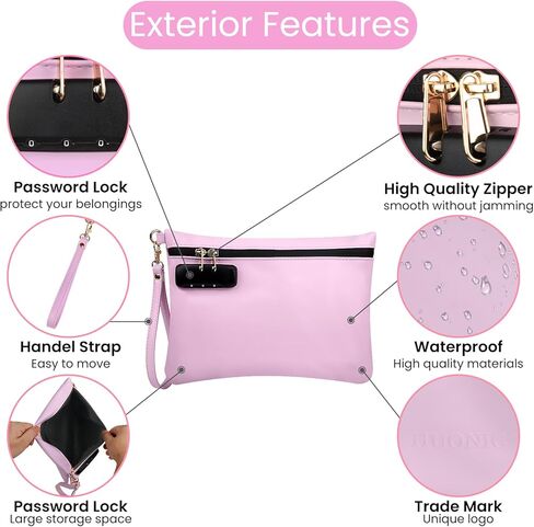 HUONIC PU Leather Cosmetic Bag with 8 PCS Accessories, Medium Size Handy Makeup Pouch with Combination Lock, Travel Money Bag for Women, Great Gifts Ideal (Light Pink) in Saudi Arabia