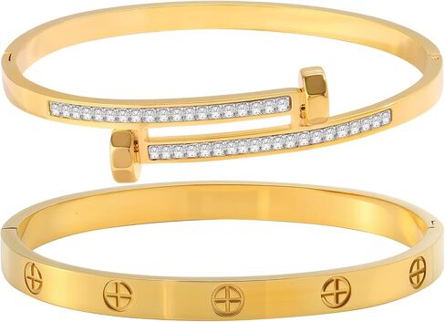 Acnode 2PCS Gold Bracelets for Women Friendship & Love Theme Crystal Bangle Set Stainless Steel Non Tarnish Jewelry, Ideal Birthday Gift. in Saudi Arabia