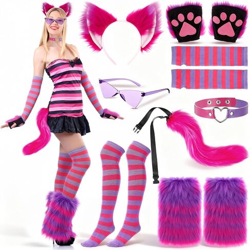 Arrowbash 8 Pcs Halloween Cat Costume Set for Women Cat Costume Accessories Pink Purple Striped Ears Tail Cosplay Halloween Outfit in Saudi Arabia
