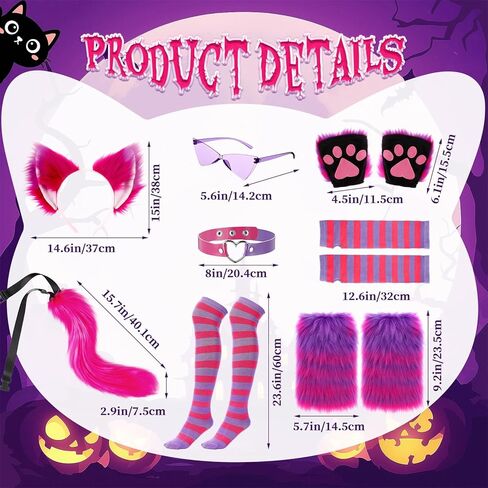 Arrowbash 8 Pcs Halloween Cat Costume Set for Women Cat Costume Accessories Pink Purple Striped Ears Tail Cosplay Halloween Outfit in Saudi Arabia
