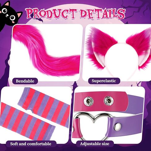 Arrowbash 8 Pcs Halloween Cat Costume Set for Women Cat Costume Accessories Pink Purple Striped Ears Tail Cosplay Halloween Outfit in Saudi Arabia
