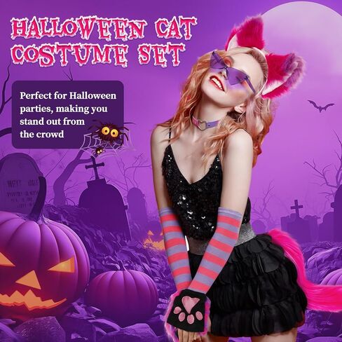 Arrowbash 8 Pcs Halloween Cat Costume Set for Women Cat Costume Accessories Pink Purple Striped Ears Tail Cosplay Halloween Outfit in Saudi Arabia