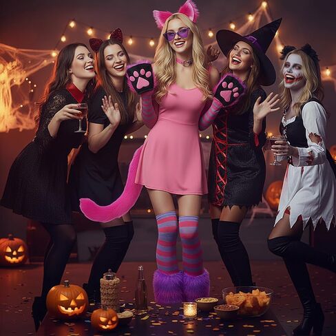 Arrowbash 8 Pcs Halloween Cat Costume Set for Women Cat Costume Accessories Pink Purple Striped Ears Tail Cosplay Halloween Outfit in Saudi Arabia