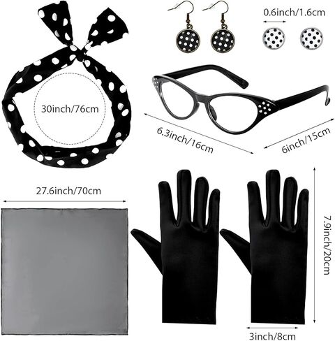 Bcxfbxd 7 Pcs 50's Women Costume Accessories Set Cat Eye Glasses Scarf Bandana Headband Drop Dot Earrings for Party Halloween in Saudi Arabia