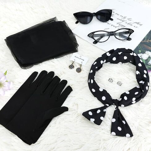 Bcxfbxd 7 Pcs 50's Women Costume Accessories Set Cat Eye Glasses Scarf Bandana Headband Drop Dot Earrings for Party Halloween in Saudi Arabia